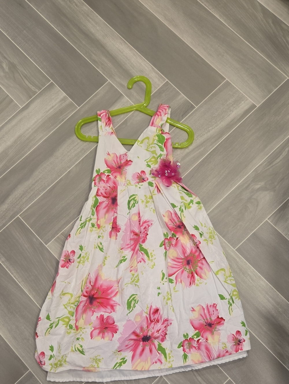 Girls White Floral Sundress with Pink Flower Accent